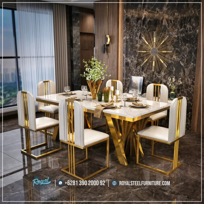 Best Seller Meja Stainless Gold Mewah Ruang Makan Sultan Kaki Stainless, Meja Makan Stainless Mewah, Harga Meja Makan Mewah, Meja Makan Jepara