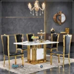 Dining Set Meja Makan Mewah 6 Kursi Stainless Gold Modern