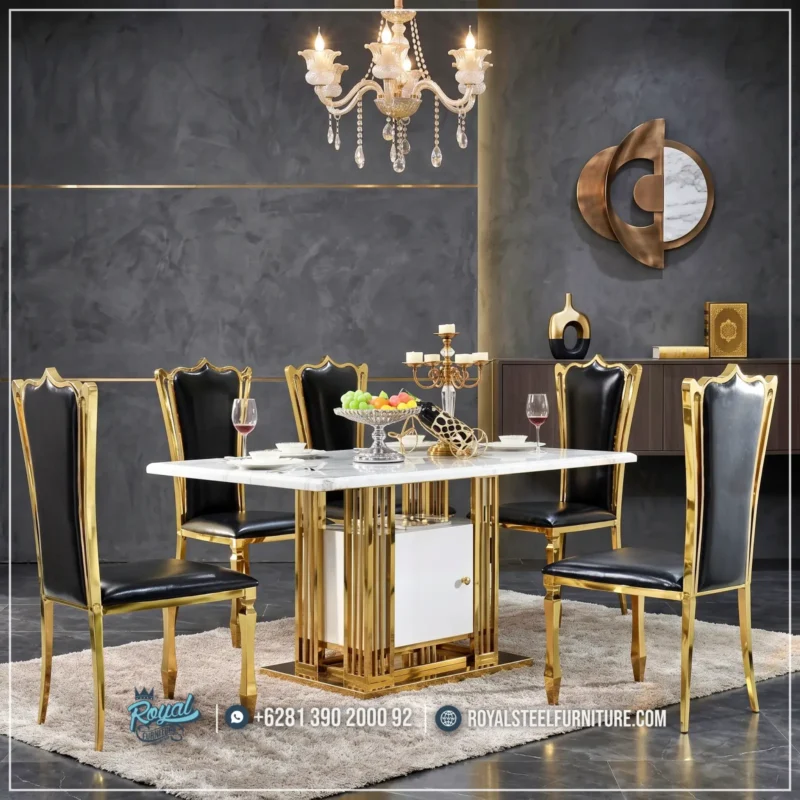 Dining Set Meja Makan Mewah 6 Kursi Stainless Gold Modern