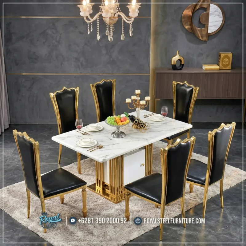 Dining Set Meja Makan Mewah 6 Kursi Stainless Gold Modern Jepara
