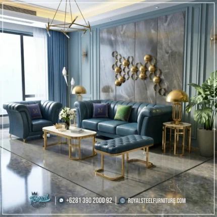 Gaya Ruang Sofa Tamu Kulit Sintetis Kaki Stainless Mewah