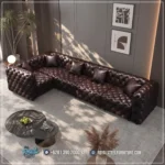 Kursi Sudut Sofa Kulit Chesterfield Mewah Coffe Table Marmer