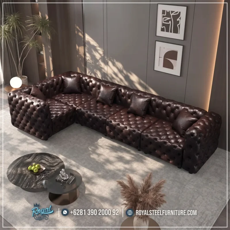 Kursi Sudut Sofa Kulit Chesterfield Mewah Coffe Table Marmer