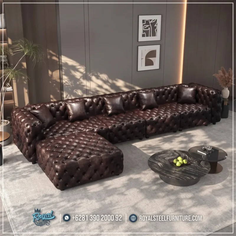 Model Sudut Sofa Kulit Chesterfield Mewah Coffe Table Marmer