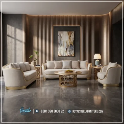 Sofa Tamu Minimalis Mewah Modern Light Beige, sofa mewah minimalis, sofa beludru abu-abu msofa kaki emas luxurym furniture indonesiam sofa ruang tamu premium