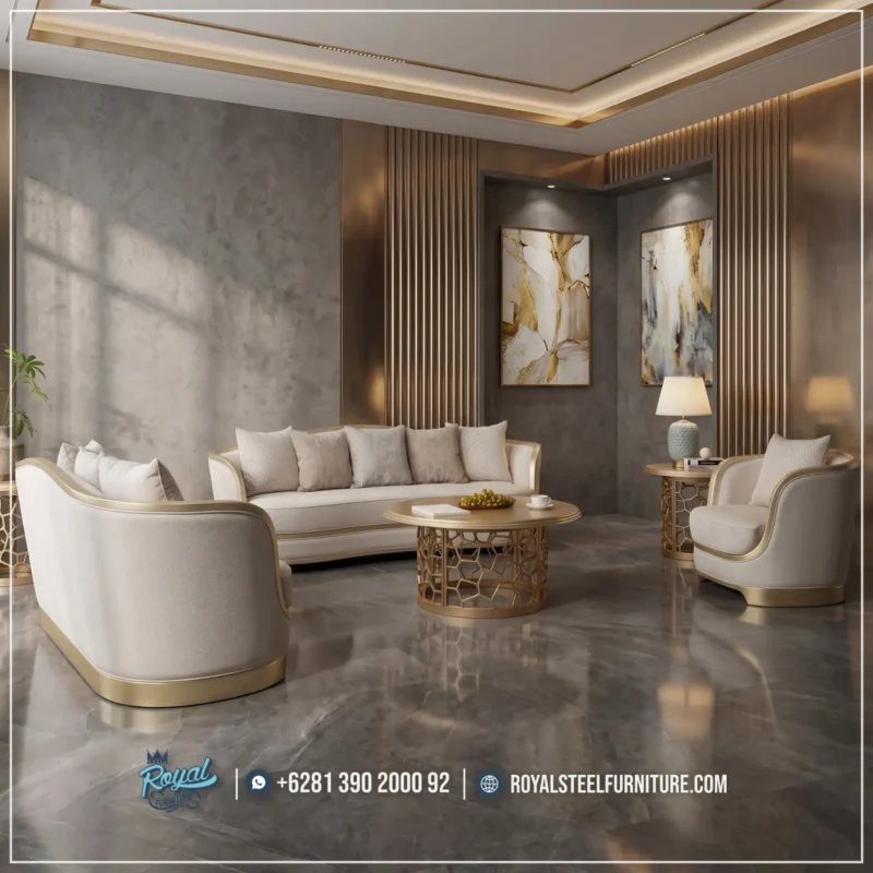 Sofa Tamu Minimalis Mewah Modern Light Beige Jepara, sofa mewah minimalis, sofa beludru abu-abu msofa kaki emas luxurym furniture indonesiam sofa ruang tamu premium