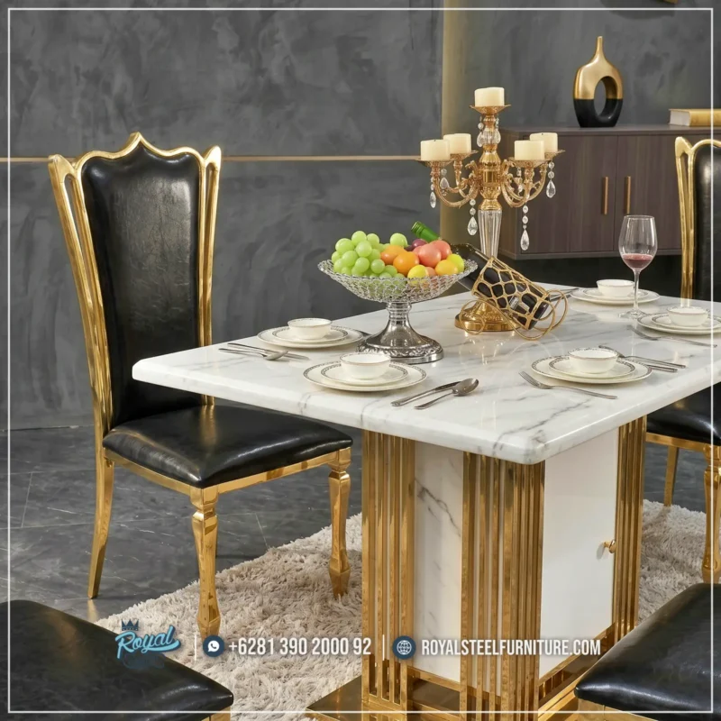 Top Marmer Meja Makan Mewah 6 Kursi Stainless Gold Modern