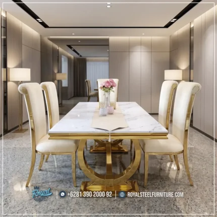 Dining Set Meja Makan Royal Stainless Gold Top Marmer Putih