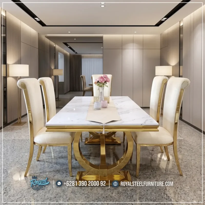 Dining Set Meja Makan Royal Stainless Gold Top Marmer Putih
