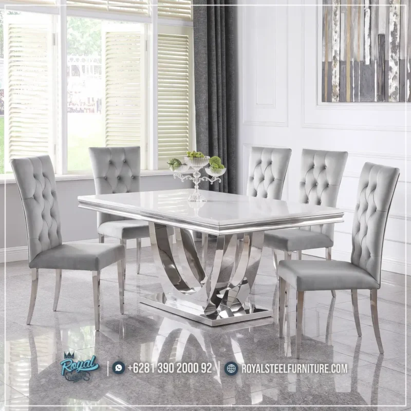 Meja Makan Marmer 6 Kursi Stainless Minimalis