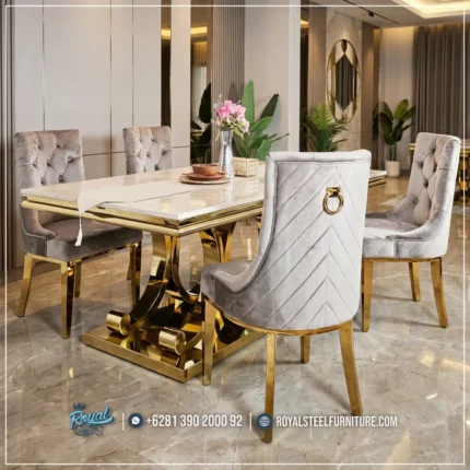 Meja Makan Top Marmer Cream Kaki Stainless Gold