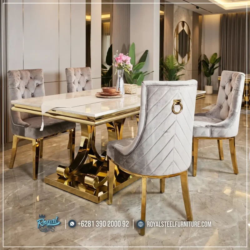 Meja Makan Top Marmer Cream Kaki Stainless Gold