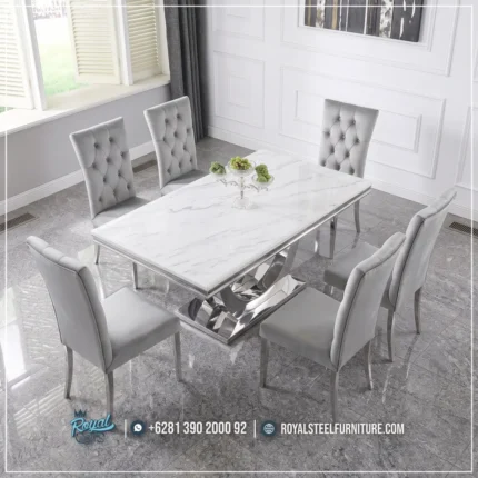 Set Meja Makan Marmer 6 Kursi Stainless Minimalis