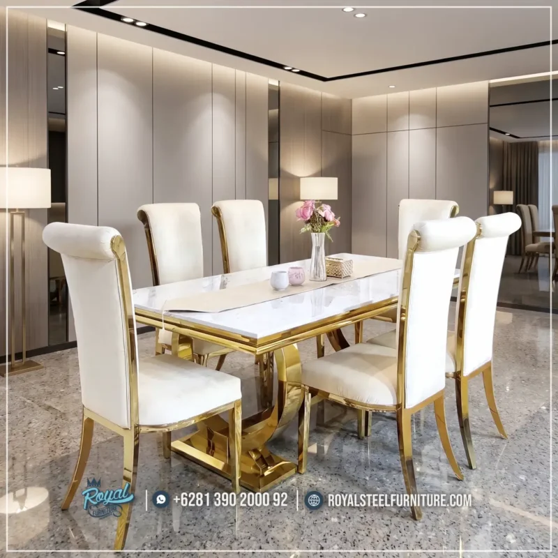 Set Meja Makan Royal Stainless Gold Top Marmer Putih