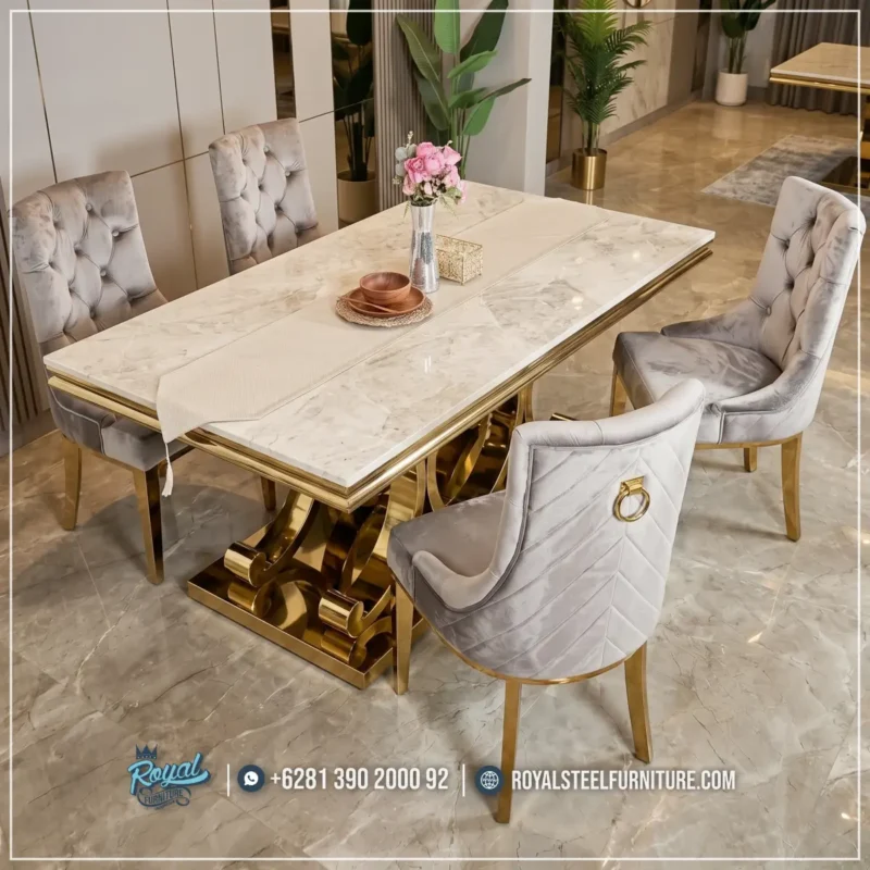 Set Meja Makan Top Marmer Cream Kaki Stainless Gold