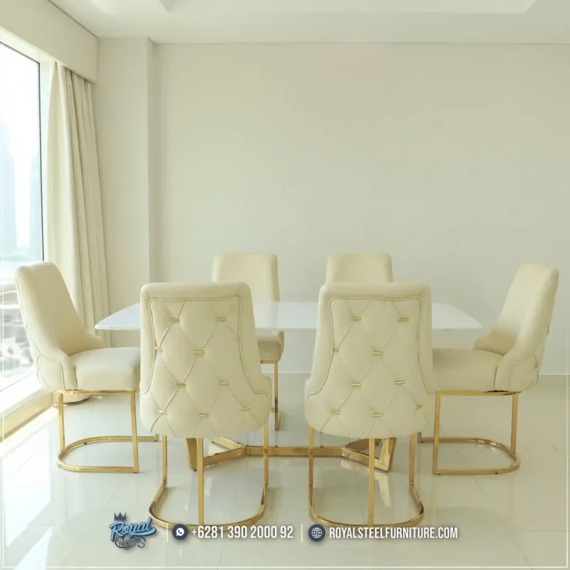 Dining Set Meja Makan Marmer Putih Terbaru Kaki Stainless Kursi Royal Bianca Cream