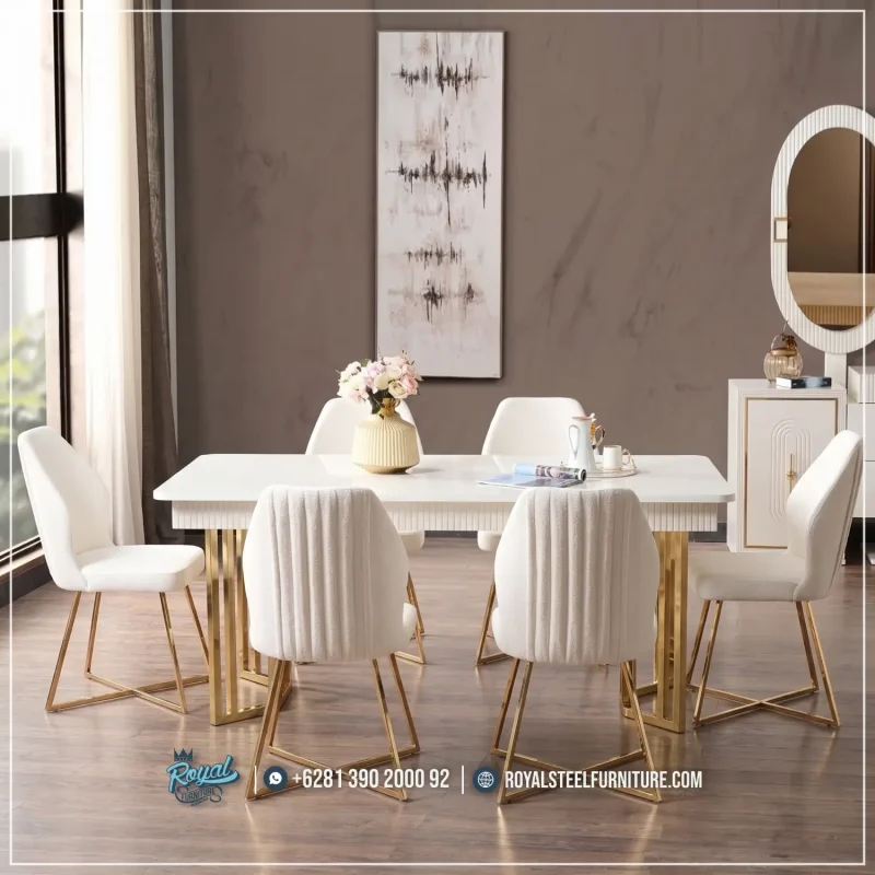 Foto Product Meja Makan Kaki Stainless 6 Kursi Set Meja Makan Mewah Stainless