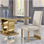 Kursi Stainless Modern Set Meja Makan Marmer Mewah Gold Finish Jepara