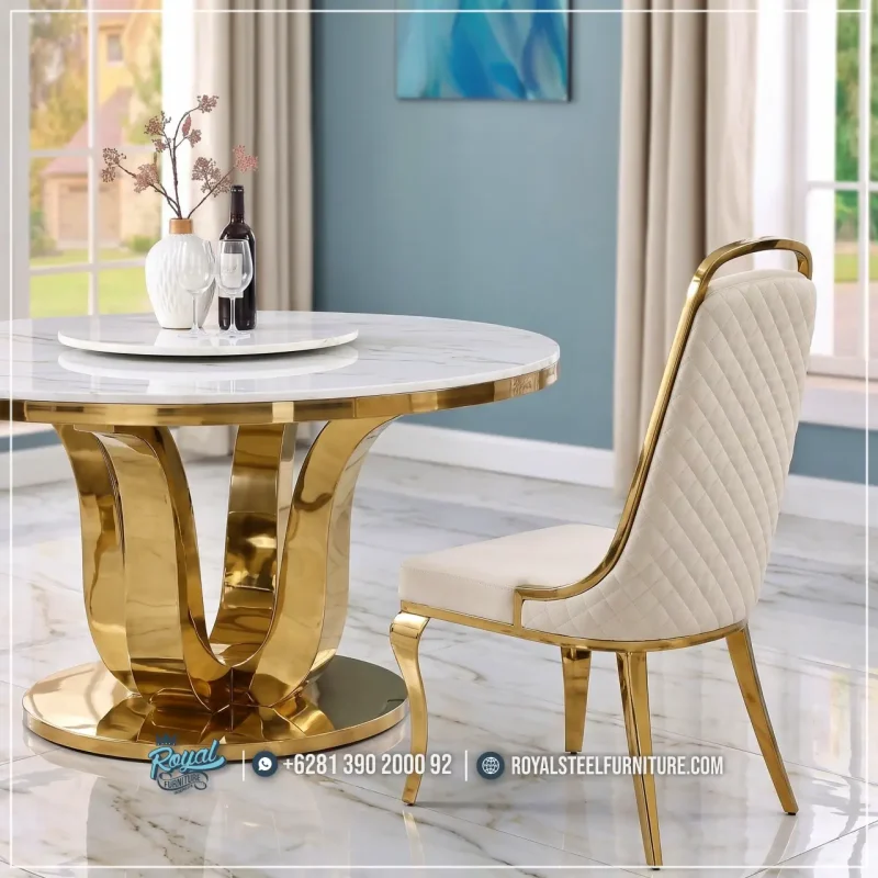 Set Meja Makan Mewah Top Marmer Bulat Kursi Kaki Stainless Gold