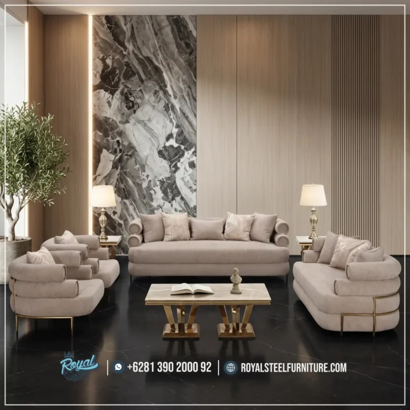 Set Sofa Ruang Tamu Mewah Kain Boucle Kelas Upper Class